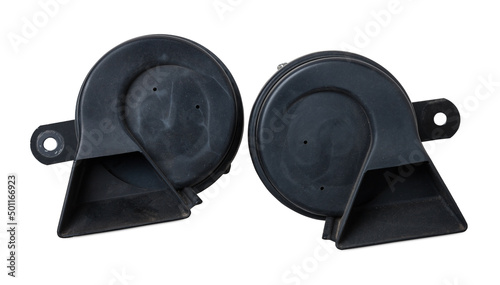 Fotografie New modern electric black plastic beep - car horn on a white isolated background