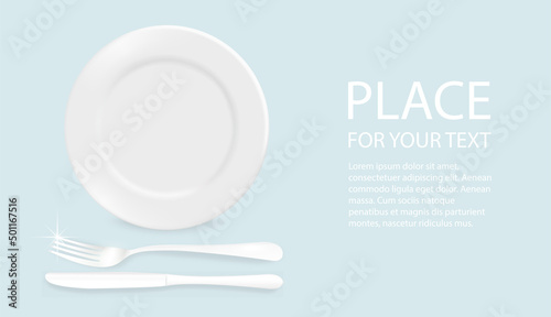 Vector 3d Realistic White with fork and knife, plastic or paper disposable food plate. The plate icon is isolated on a white background with text. Front view. Design template.