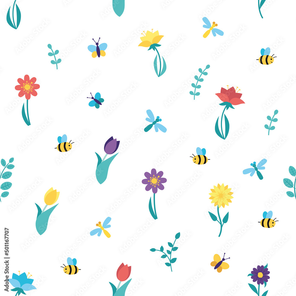 Pattern with spring flowers, butterflies, bees and dragonflies.