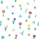 Pattern with spring flowers, butterflies, bees and dragonflies.