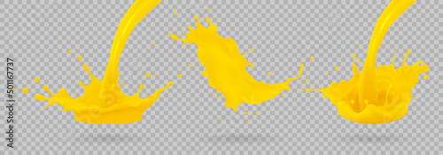 Orange juice, splatter orange splashes of paint, 3d realistic vector illustration