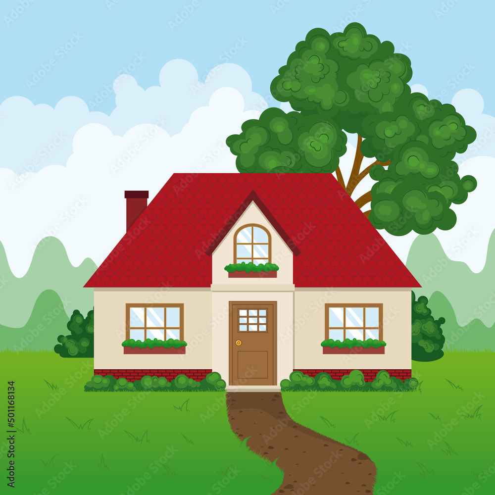 Landscape with a beautiful house, tree and bushes. Landscape with a beautiful house, tree and bushes.