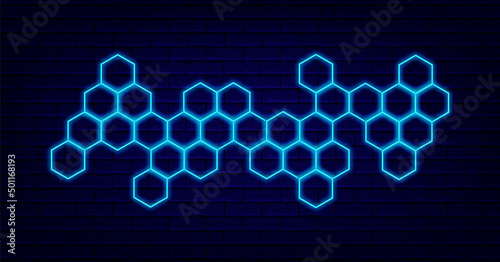 Blue honeycomb neon decoration. Abstract polygonal shape. Shiny flyer brick wall. Editable stroke. Vector illustration