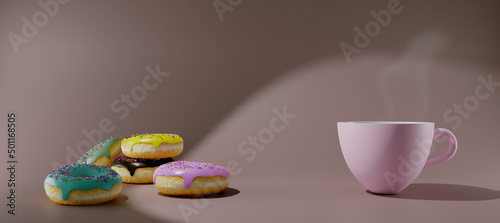 Colorful donuts and coffee 3d render