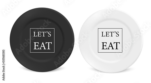 Vector 3d Realistic White and black porcelain, plastic or paper disposable food plate. The plate icon is isolated on a white background with text. Front view. Design template.