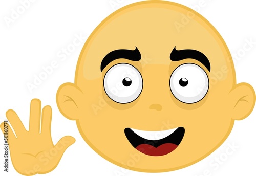 Vector illustration of the face of a bald and yellow cartoon character, doing the classic Vulcan salute with his hand