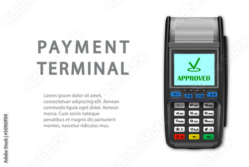 Vector Realistic black 3d Payment machine. A close-up POS terminal with a place for text on a white background. Template for a bank payment terminal. NFC payment processing device. Top View