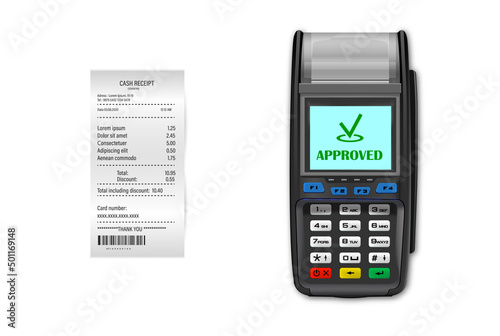 Vector Realistic black 3d Payment machine. Close-up of a POS terminal with a receipt on a white background. Design template, layout. NFC payment processing device. Top View