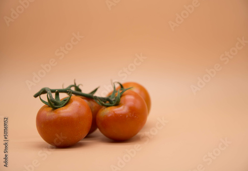 Racimo de tomates ecologicos recien cosechados en fondo blanco