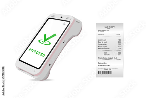 Vector Realistic white 3d Payment Machine. Close-up of a POS terminal with a receipt on a white background. Design template, layout. NFC payment processing device. Top View