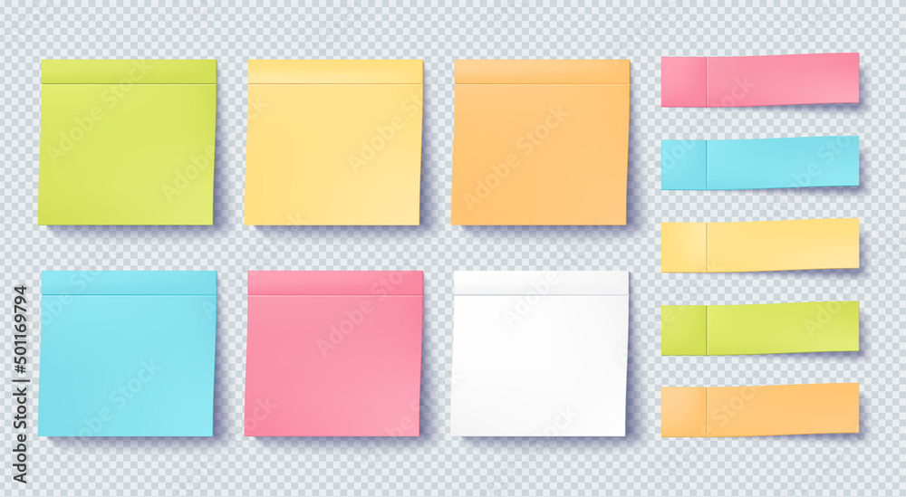 Post note sticker set isolated on transparent background. Paper sticky tape with shadow. Vector office color post note sticks for advertising design.