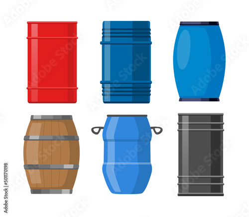 Barrels for alcohol or chemical liquid vector illustrations set. Containers for beer, fuel or oil, steel and wooden barrels for pubs isolated on white background. Cargo, alcohol, storage concept