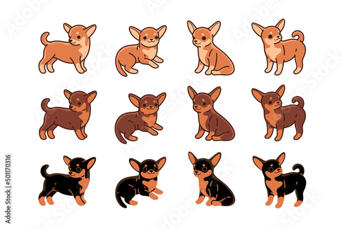 Cartoon dog icon set. Different poses of chihuahua. Vector illustration for prints, clothing, packaging, stickers.