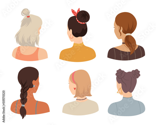 Backs view of female hairstyles flat vector illustrations set. Collection of trendy cartoon drawings of heads of young women with different hair isolated on white background. Beauty salon concept