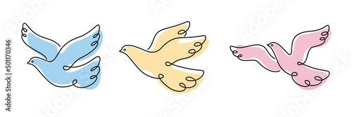 Cute pigeon. Cute bird in different poses. Cartoon dove in sky. Contour vector illustration.