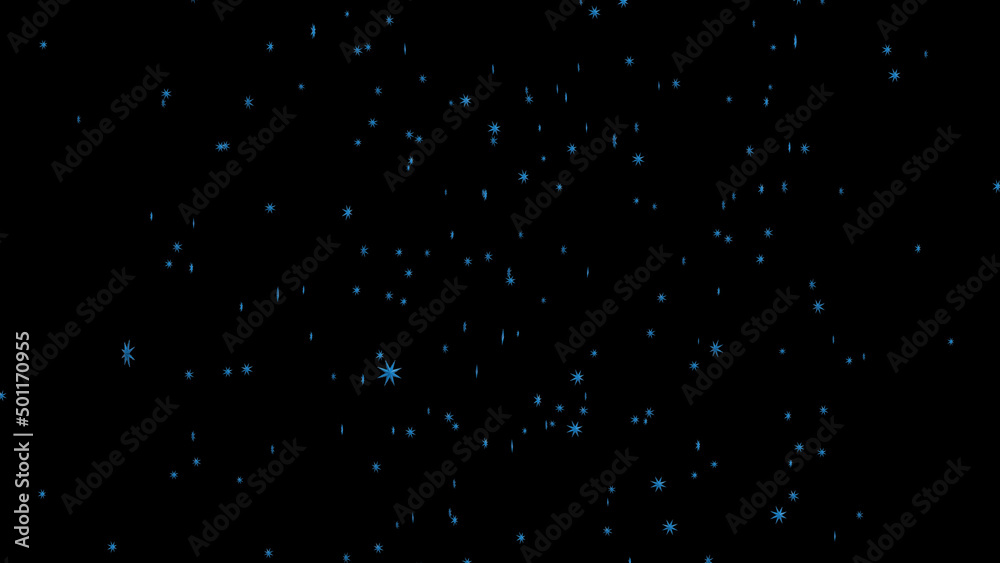 Futuristic blue snowflakes are blown away by the wind in the night sky. Used to enhance any video presentation, animated film, cinematic clips or film project. 3D. 4K. Isolated black background.