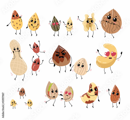 Funny nuts with cute faces cartoon illustration set. Walnut in shell, pistachio, almond, peanut characters with hearts in eyes kissing in air. Vegan or vegetarian food, seed, love, emotion concept