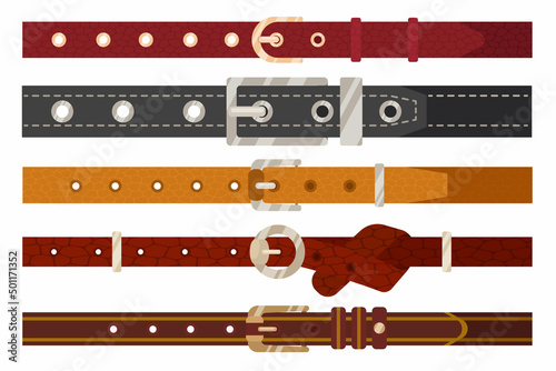 Leather belts or straps with metal buckles. Brown and black jeans, dress or pants fashion accessories on white background cartoon illustration set. Clothes, garment concept