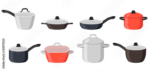 Frying pans and saucepans cartoon illustration set. Metal cooking pots with lid of different sizes, stainless utensils for making soup or boiling water. Household, kitchen concept photo