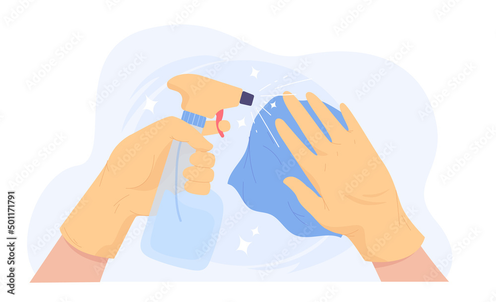 Hands in rubber gloves with spray and wipe. Person cleaning, sanitizing, disinfecting or washing surface, of flat vector illustration. Hygiene, housekeeping concept