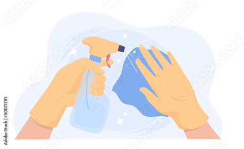 Hands in rubber gloves with spray and wipe. Person cleaning, sanitizing, disinfecting or washing surface, of flat vector illustration. Hygiene, housekeeping concept