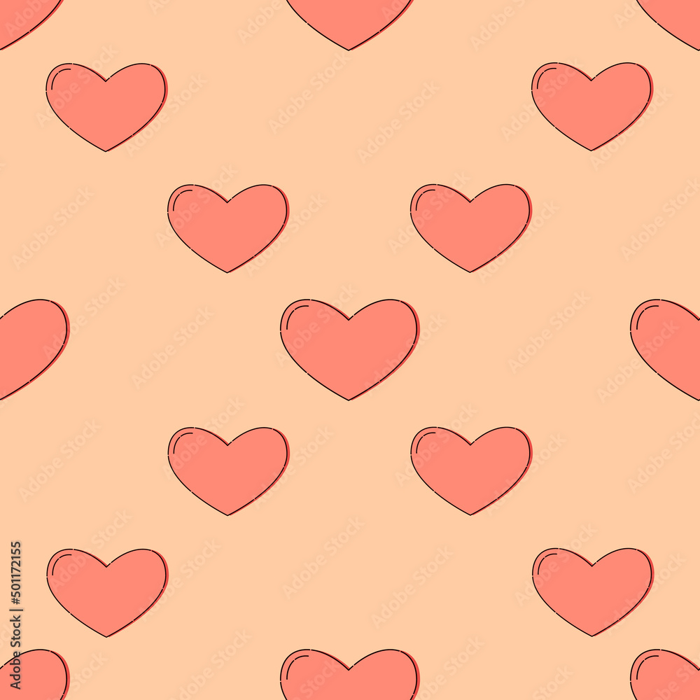 Line art seamless pattern in the form of a red heart on color background. Romance graphic texture. Holiday celebration concept. Decorative print. Geometric bright wallpaper. Black contour line