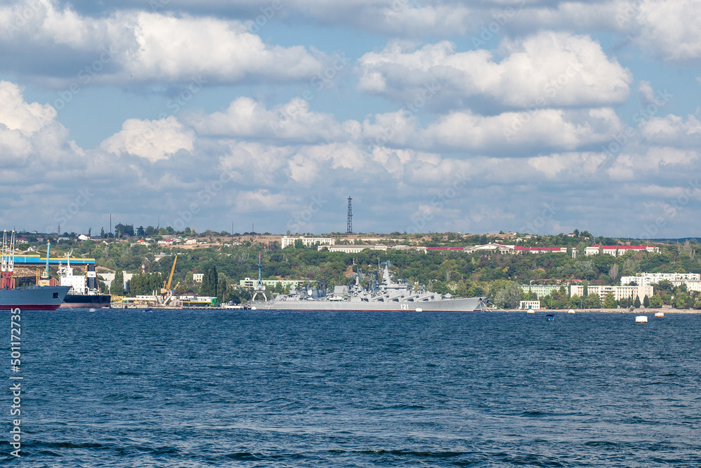 Sevastopol, Crimea / Ukraine, August 13, 2012. Russian Black Sea Navy flagship class Slava cruiser 