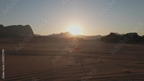 Drone shot following a bedouine with two dromedaries crossing the wadi rum desert by a beautiful sunset over the mountains photo