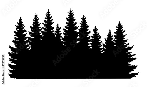 Fir trees silhouette. Coniferous spruce horizontal background pattern, black evergreen woods vector illustration. Beautiful hand drawn panorama with treetops forest
