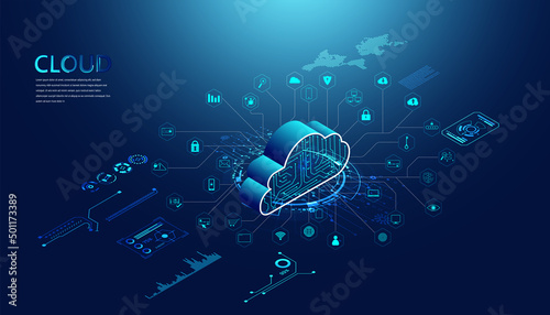 Abstract cloud technology with big data and interface concept Connection by collecting data in the cloud With large data storage systems on hi tech background.
