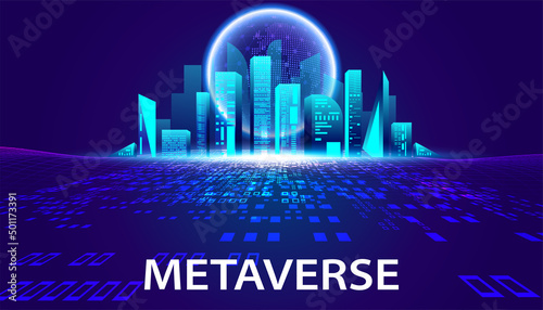 Abstract Metaverse Virtual reality Concept Buildings, and digital worlds of Future technology metaverse connected to the virtual space on a modern background.