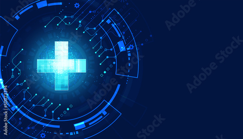 Abstract health science consist health plus circle digital technology concept modern medical on hi tech future blue background.