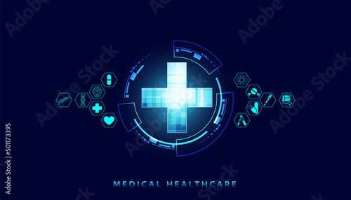 Abstract health science consist health plus circle icons digital technology concept  modern medical on hi tech future blue background.