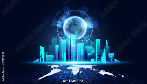 Abstract Metaverse Virtual reality Concept Buildings, digital maps and digital worlds of Future technology metaverse connected to the virtual space on a modern background.