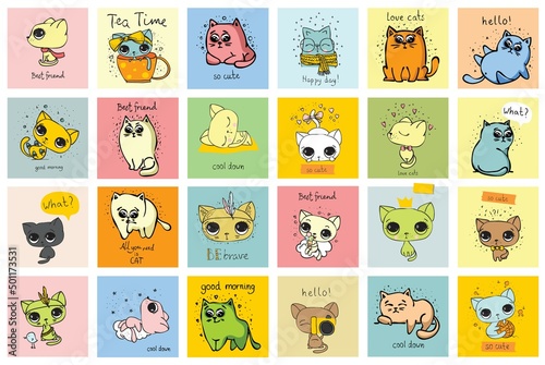 Set of vector cats in simple design for kid's greeting card design, t-shirt print, inspiration poster.