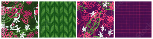 Colorful coffee bean and flower seamless pattern set with coordinating backgrounds for cafe decor or product packaging. Abstract vector graphic with trendy style images of berries, leaves and cup.  
