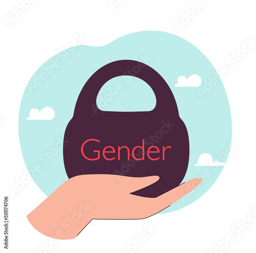 Hand holding heavy kettlebell with word gender. Power of gender bias, pressure of inequality on person flat vector illustration. Discrimination concept for banner, website design or landing web page