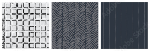 Smart masculine seamless pattern set. Monochrome, shades of grey colour backgrounds with line, square and herringbone designs.