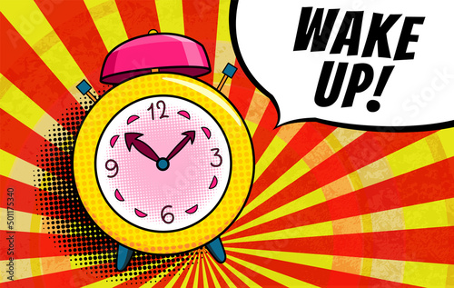 Comic alarm clock. Pop art colorful and dynamic cartoonish icon in retro style. Vector bright cartoon object with halftone dots shadow and expression wake up in speech bubble