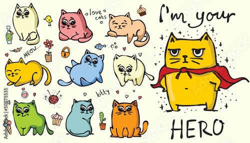 Set of vector cute cats in simple design for kid s greeting card design, t-shirt print, inspiration poster.