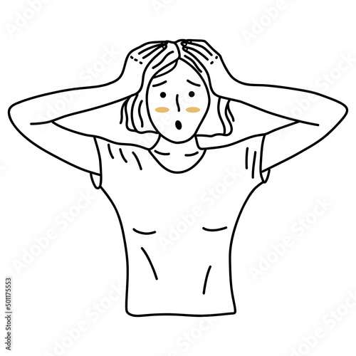 Girl opened her mouth and grabbed her head at what she saw. Black and white vector isolated illustration hand drawn. Fear, amazement or shock. Feelings of despair and hopelessness
