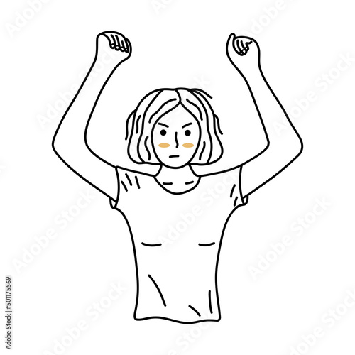 Gloomy girl is angry and raised her fists up. Black and white vector isolated illustration hand drawn. Outraged facial expression, feeling of aggression