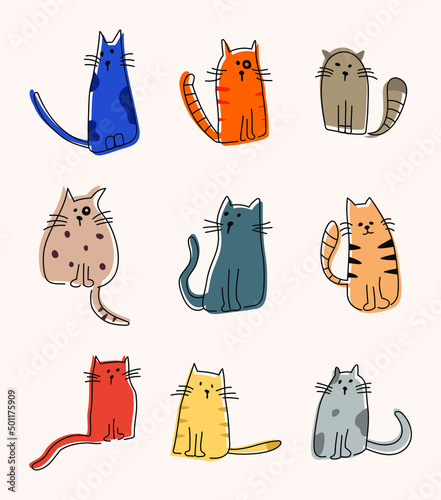 Cartoon hand-drawn cats sitting