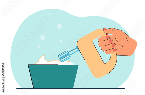 Bakers hand holding mixer with whisk for whipping cream in bowl. Person making cake flat vector illustration. Bakery, pastry, preparation concept for banner, website design or landing web page