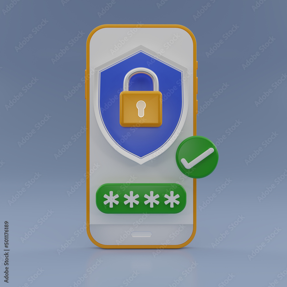 3D render Modern Smartphone with Shield, padlock and check mark icon on blue background. Security shield symbols. Security shields logotypes with check mark and padlock. 3D rendering illustration. 3D render Modern Smartphone with Shield, padlock and check mark icon on blue background. Security shield symbols. Security shields logotypes with check mark and padlock. 3D rendering illustration.