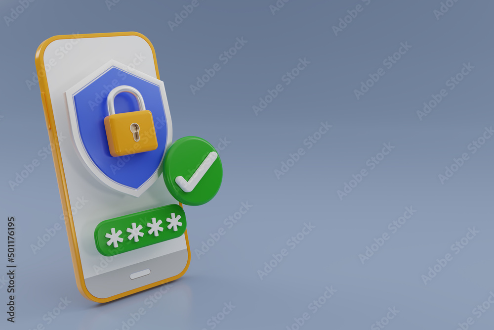 3D render Modern Smartphone with Shield, padlock and check mark icon ...