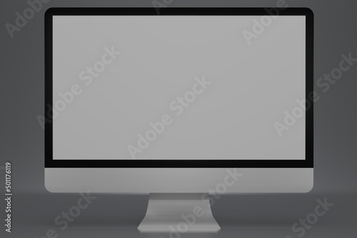3D render Realistic computer monitor isolated on gray background. White display computer with aluminium body. Front view. 3D rendering illustration. photo
