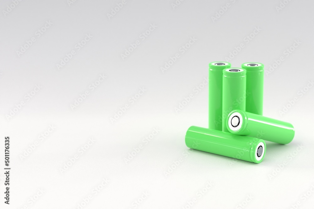 5 green cylindrical batteries on a light gray background. Storage battery or secondary cell. Rechargeable li-ion batteries for electrical appliances and devices. Copy space 5 green cylindrical batteries on a light gray background. Storage battery or secondary cell. Rechargeable li-ion batteries for electrical appliances and devices. Copy space