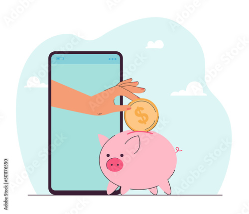 Hand from phone throwing dollar coin into piggy bank. Person donating money, investing online flat vector illustration. Savings, charity concept for banner, website design or landing web page