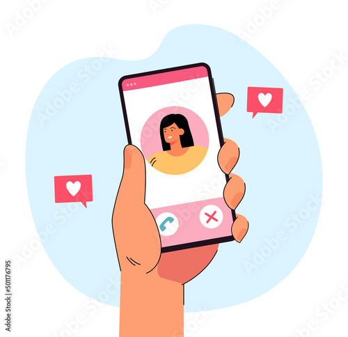 Hand holding phone with photo of young cute woman on screen. Video call of person to contact flat vector illustration. Chat app, communication concept for banner, website design or landing web page